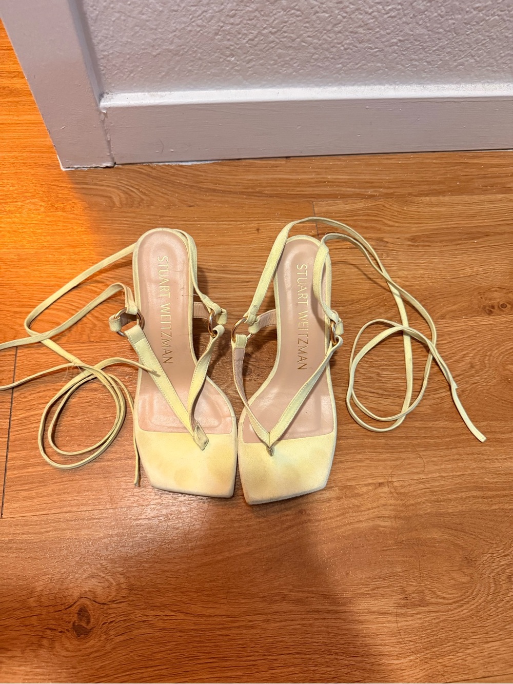 Stuart Weitzman Pale Yellow Lace-Up Square Toe Sandals